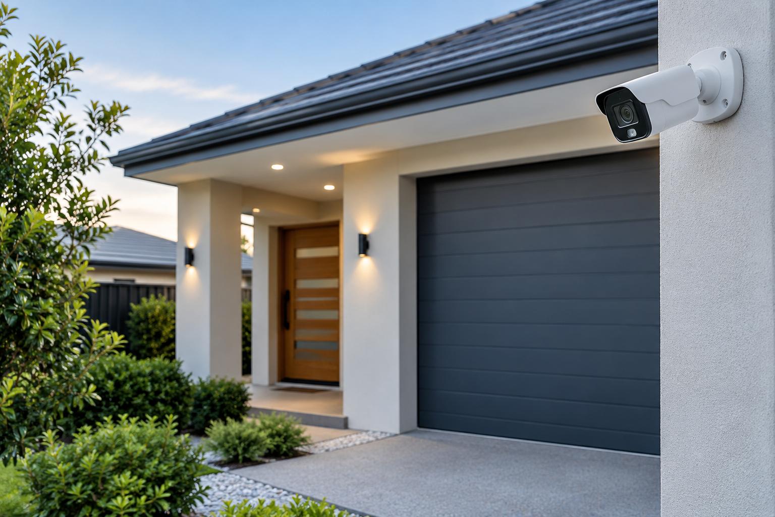 Modern home exterior with a CCTV security camera mounted on the wall